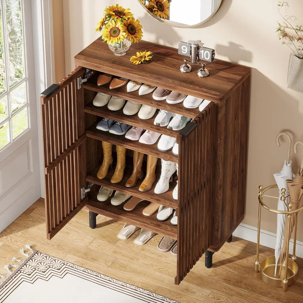 Shoe Cabinet with Shutter Doors, 6-Tier Entryway Shoe Cabinet with Adjustable Shelves, Wooden Modern Rack Organizer for Entrywa