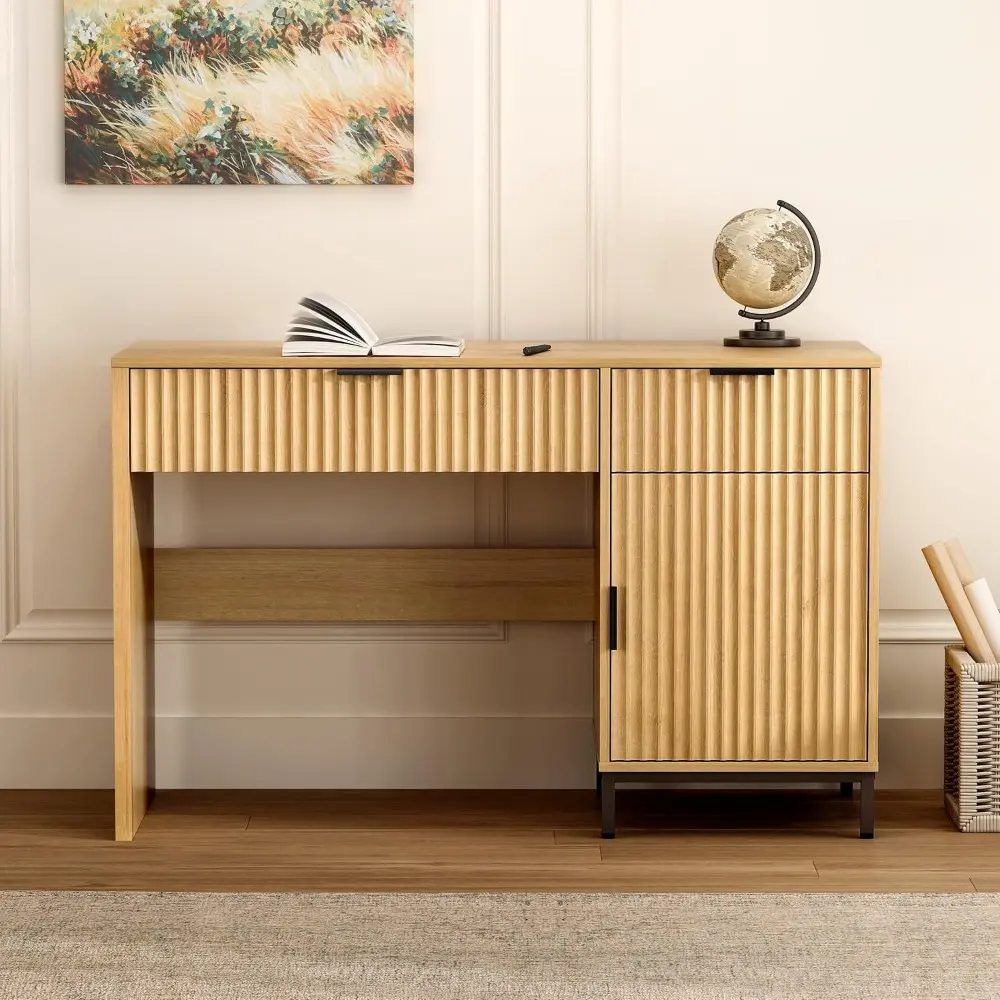 47" Fluted Executive Desk, Modern Wood Home Office Desk with Charging Station, Drawer & Cabinet, Computer Writing Desk for Work