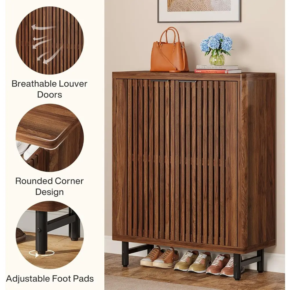 Shoe Cabinet with Shutter Doors, 6-Tier Entryway Shoe Cabinet with Adjustable Shelves, Wooden Modern Rack Organizer for Entrywa
