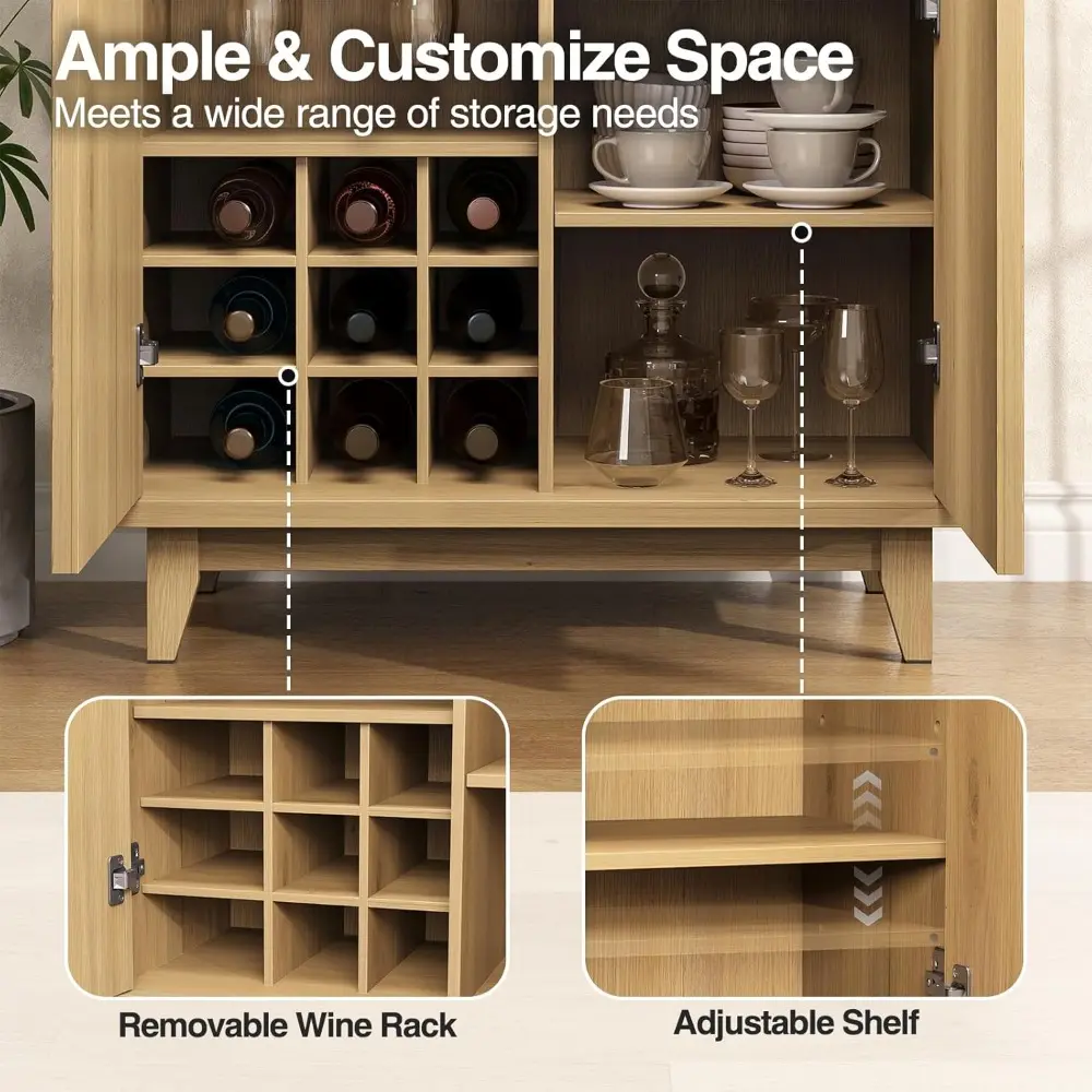 Modern Fluted Coffee Bar Cabinet with Removable Wine Rack and Adjustable Shelf, Solid Wood Legs, Multi-Functional Sideboard Buff