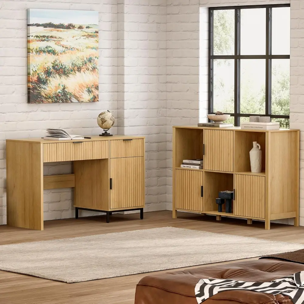 47" Fluted Executive Desk, Modern Wood Home Office Desk with Charging Station, Drawer & Cabinet, Computer Writing Desk for Work