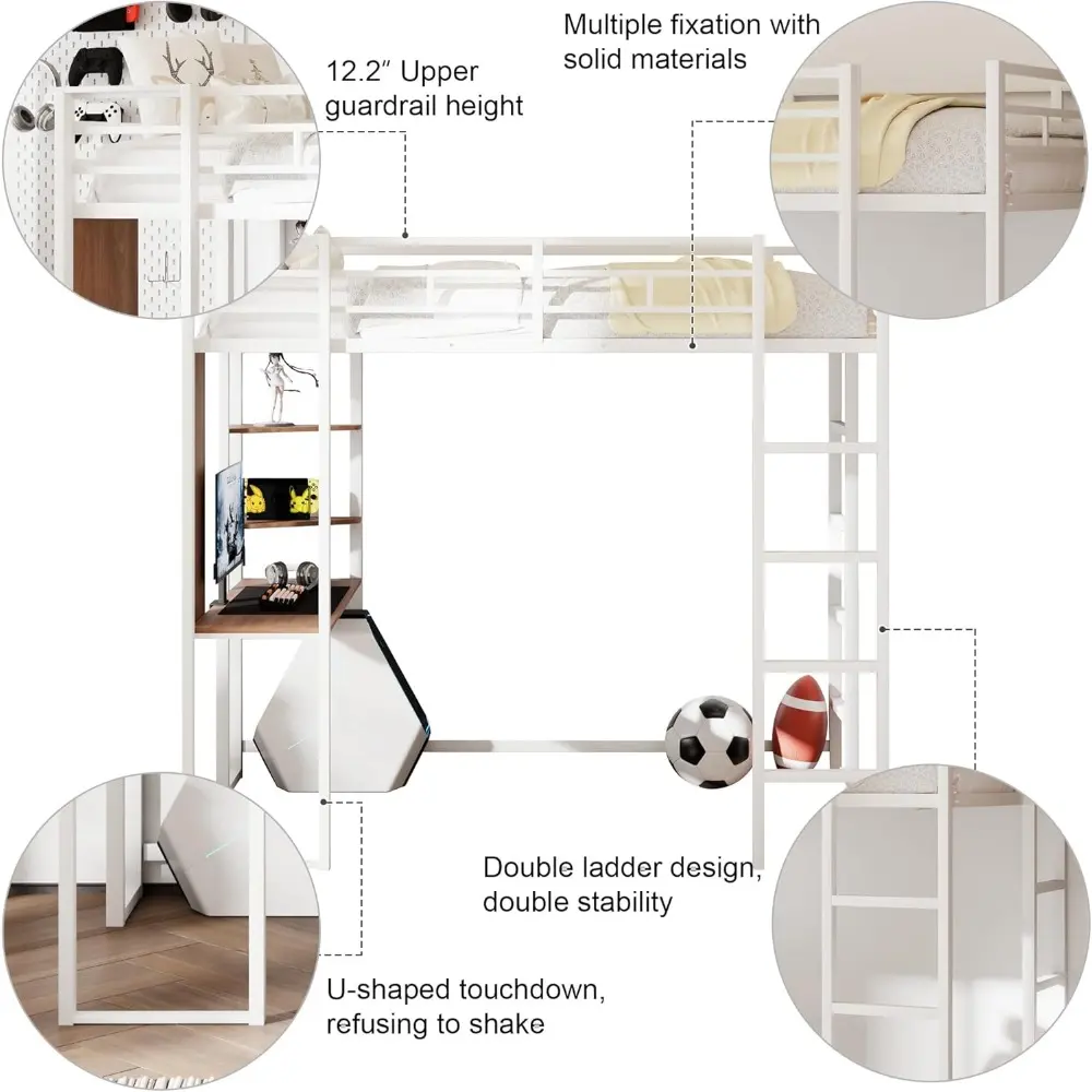 Merax Metal Loft Bed with 2 Shelves and one Desk, Loft Bed Frame with 2 Built-in Ladders,12.2/'' H Safety Guardrail,Noise Free,N