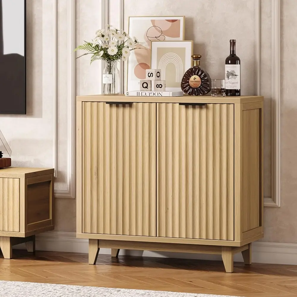 Modern Fluted Coffee Bar Cabinet with Removable Wine Rack and Adjustable Shelf, Solid Wood Legs, Multi-Functional Sideboard Buff