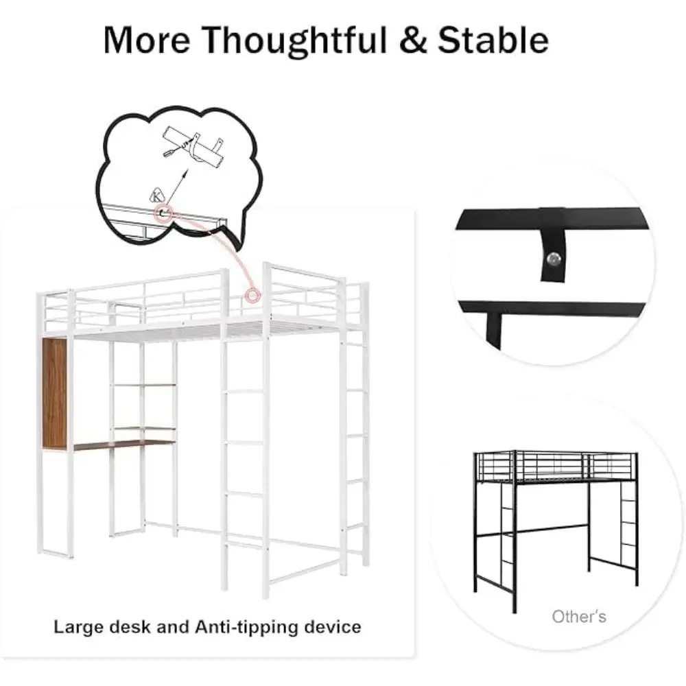 Merax Metal Loft Bed with 2 Shelves and one Desk, Loft Bed Frame with 2 Built-in Ladders,12.2/'' H Safety Guardrail,Noise Free,N