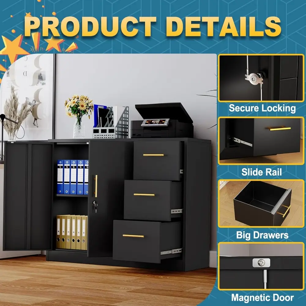 Lateral File Cabinet with 3 Drawers, Metal Filing Storage Cabinet with Lockable, Multi-Functional Accent Cabinet for Office Home