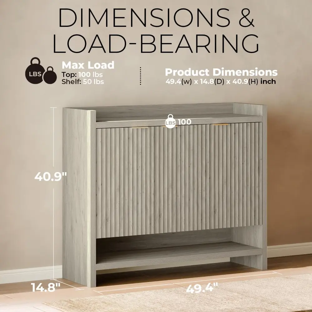 49.4" Fluted Shoe Cabinet, 3 Hinge Doors and 5 Shelves, Shoe Storage Organzier Rack with Handle for Entryway Hallway Bedroom Liv