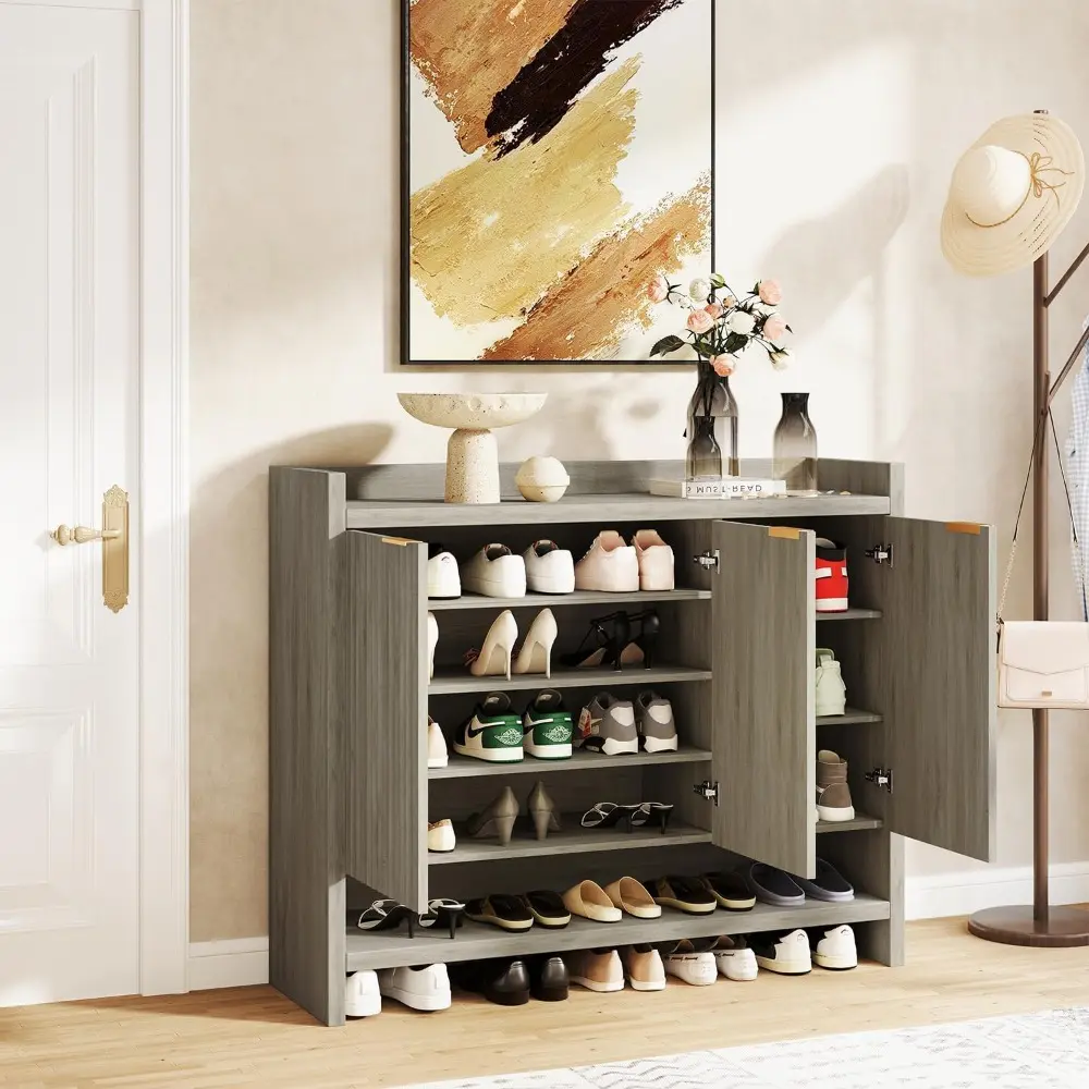 49.4" Fluted Shoe Cabinet, 3 Hinge Doors and 5 Shelves, Shoe Storage Organzier Rack with Handle for Entryway Hallway Bedroom Liv
