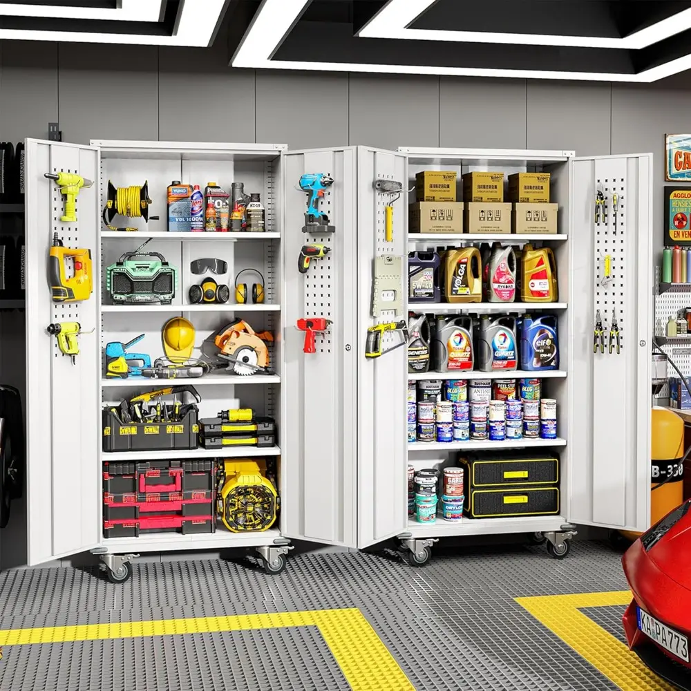 White Metal Storage Cabinet with Wheels, 75" Steel Garage Rolling Cabinet with Doors and 4 Shelves, Tall Locking Cabinets Tool