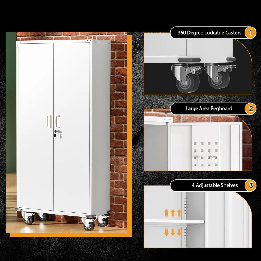 White Metal Storage Cabinet with Wheels, 75" Steel Garage Rolling Cabinet with Doors and 4 Shelves, Tall Locking Cabinets Tool