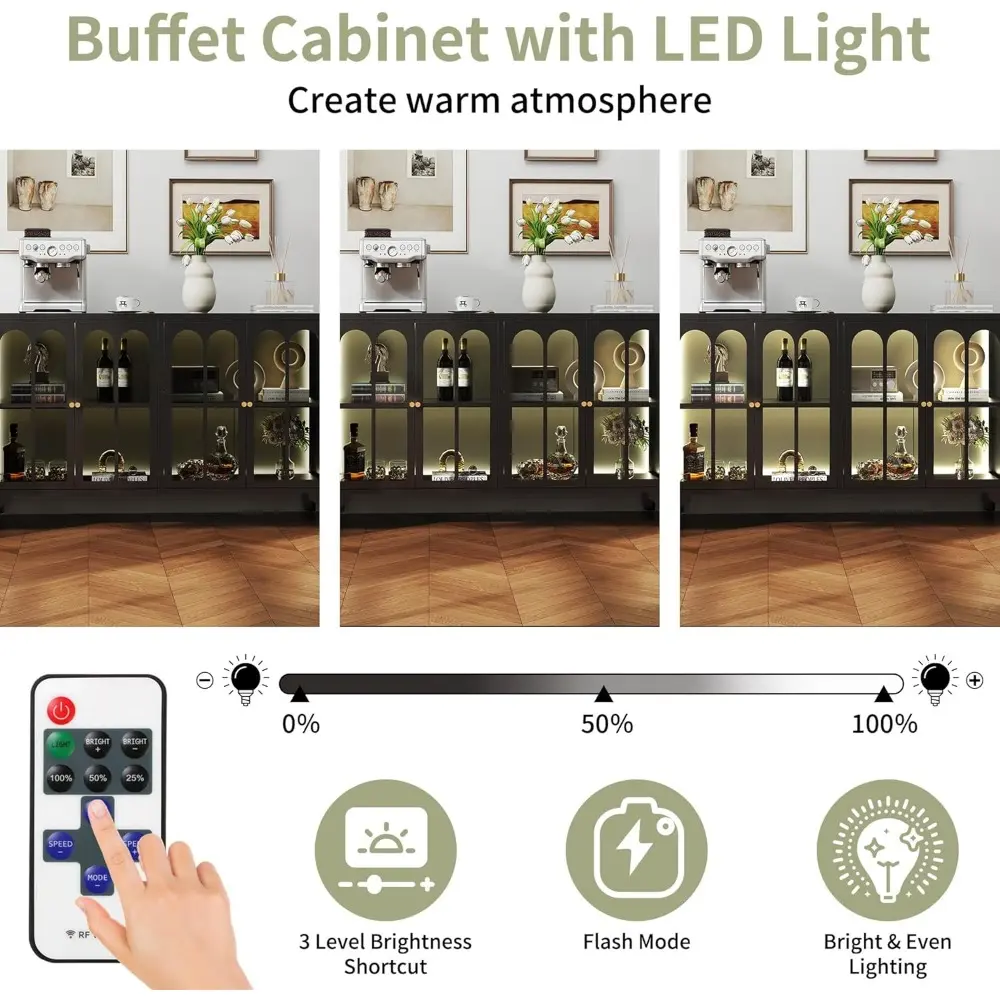 Sideboard Buffet Cabinet with Glass Door & LED Light, 53.2" Large Buffet Cabinet with Storage & Adjustable Shelf, Farmhouse Side