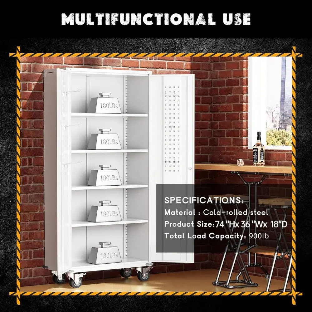 White Metal Storage Cabinet with Wheels, 75" Steel Garage Rolling Cabinet with Doors and 4 Shelves, Tall Locking Cabinets Tool