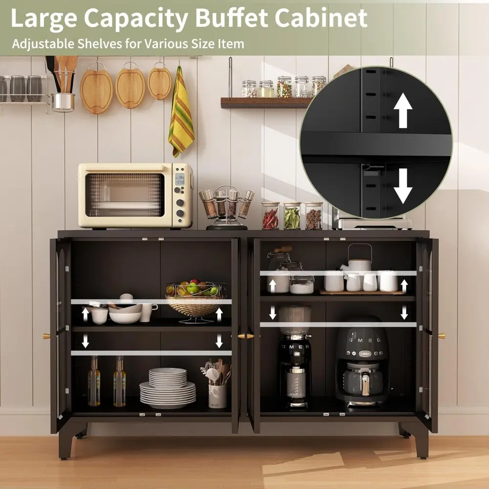 Sideboard Buffet Cabinet with Glass Door & LED Light, 53.2" Large Buffet Cabinet with Storage & Adjustable Shelf, Farmhouse Side
