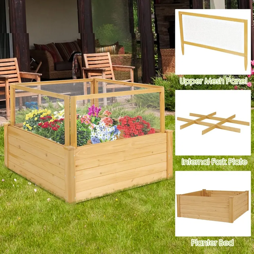Giantex Raised Garden Bed with Fence, Wood Planter Raised Bed with Critter Guard Fence, 9 Grids Plant Container, Outdoor Plant B