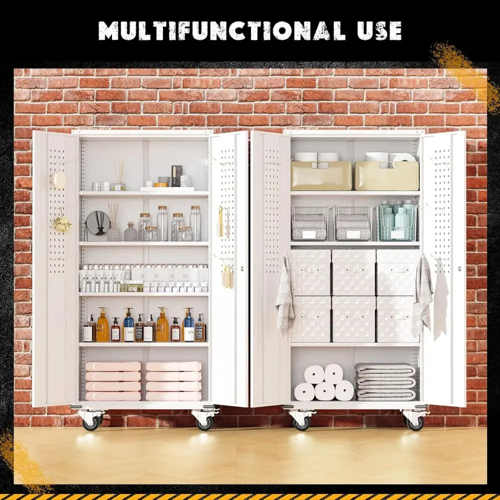 White Metal Storage Cabinet with Wheels, 75" Steel Garage Rolling Cabinet with Doors and 4 Shelves, Tall Locking Cabinets Tool