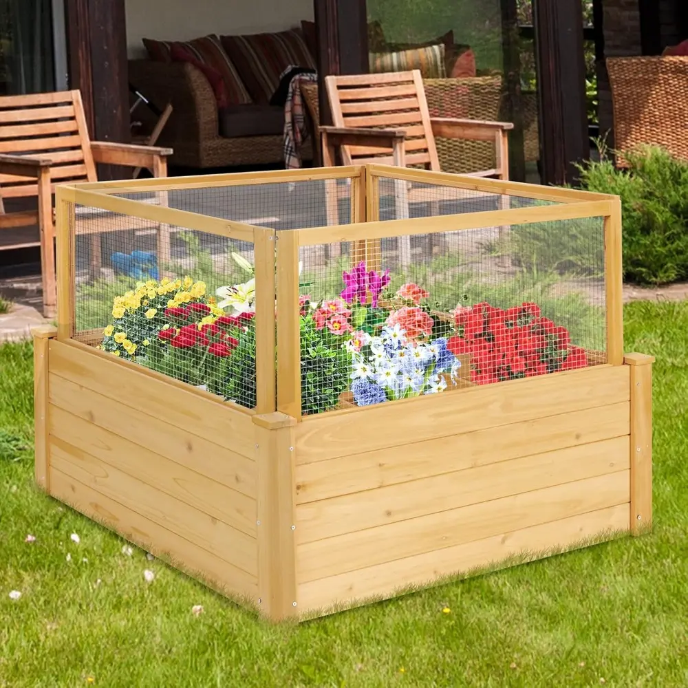 Giantex Raised Garden Bed with Fence, Wood Planter Raised Bed with Critter Guard Fence, 9 Grids Plant Container, Outdoor Plant B