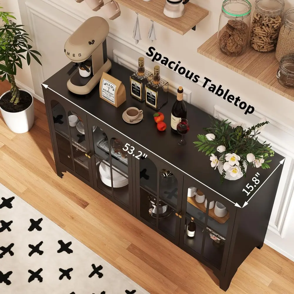 Sideboard Buffet Cabinet with Glass Door & LED Light, 53.2" Large Buffet Cabinet with Storage & Adjustable Shelf, Farmhouse Side