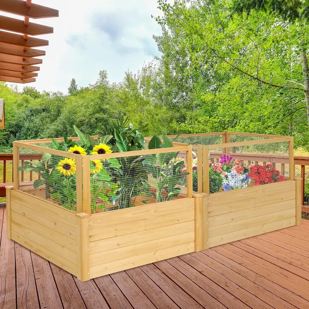 Giantex Raised Garden Bed with Fence, Wood Planter Raised Bed with Critter Guard Fence, 9 Grids Plant Container, Outdoor Plant B