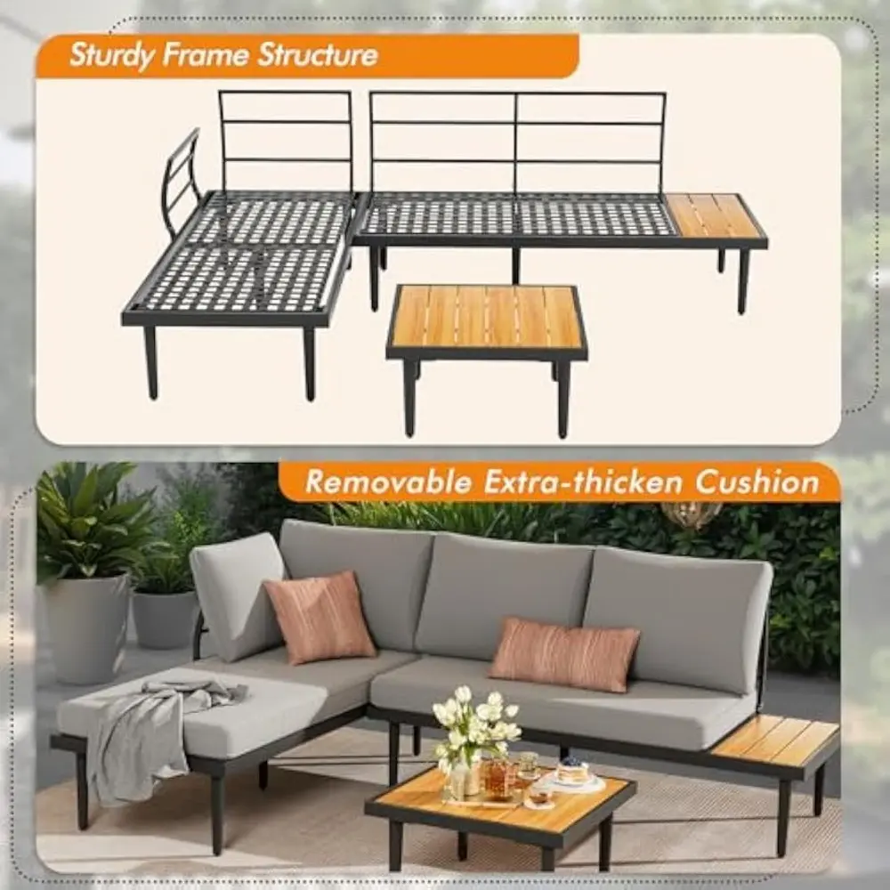 Outdoor Sectional Furniture Patio Sectional Sofa with Acacia Wood Table, Patio L-Shaped Conversation Set with All-Weather Cushi