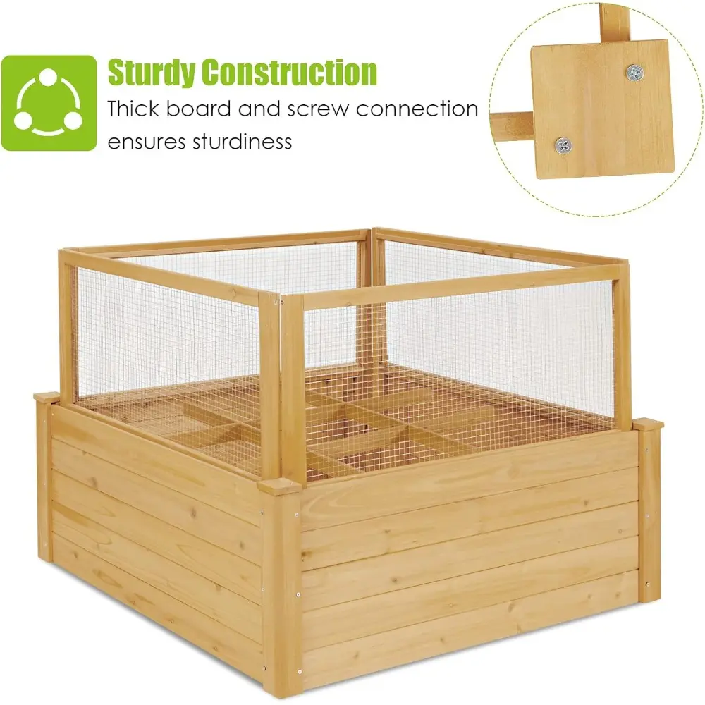 Giantex Raised Garden Bed with Fence, Wood Planter Raised Bed with Critter Guard Fence, 9 Grids Plant Container, Outdoor Plant B