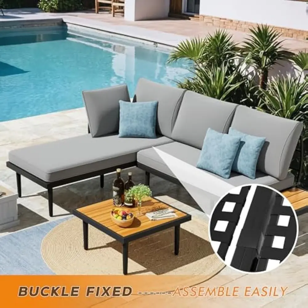 Outdoor Sectional Furniture Patio Sectional Sofa with Acacia Wood Table, Patio L-Shaped Conversation Set with All-Weather Cushi