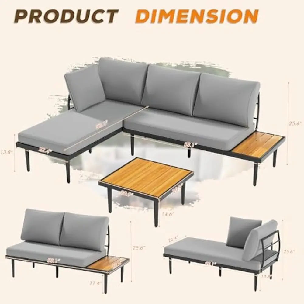 Outdoor Sectional Furniture Patio Sectional Sofa with Acacia Wood Table, Patio L-Shaped Conversation Set with All-Weather Cushi