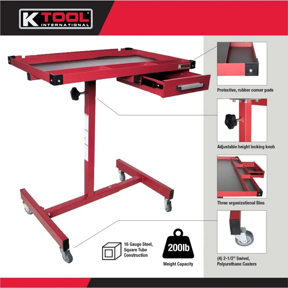 75104 Adjustable Tear Down Work Table with Drawer for Garages, Repair Shops, and DIY, Portable, (4) 2" Swivel Casters, 200 Poun