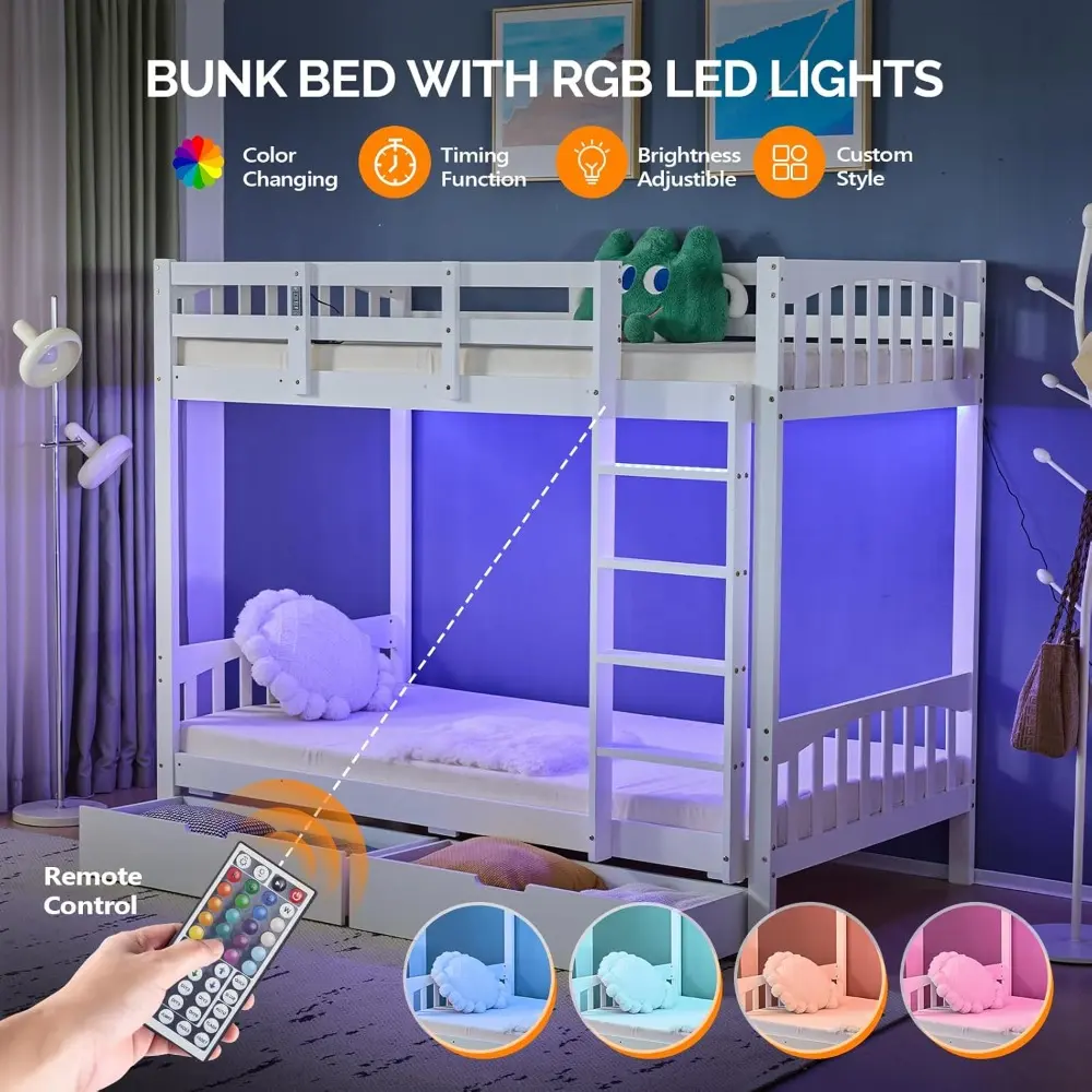 VINGLI Bunk Bed Twin Over Twin with 2 Storage Drawers/RGB LED/Charging Station, Convertible Solid Wood Bunk Bed Frame with Ladde