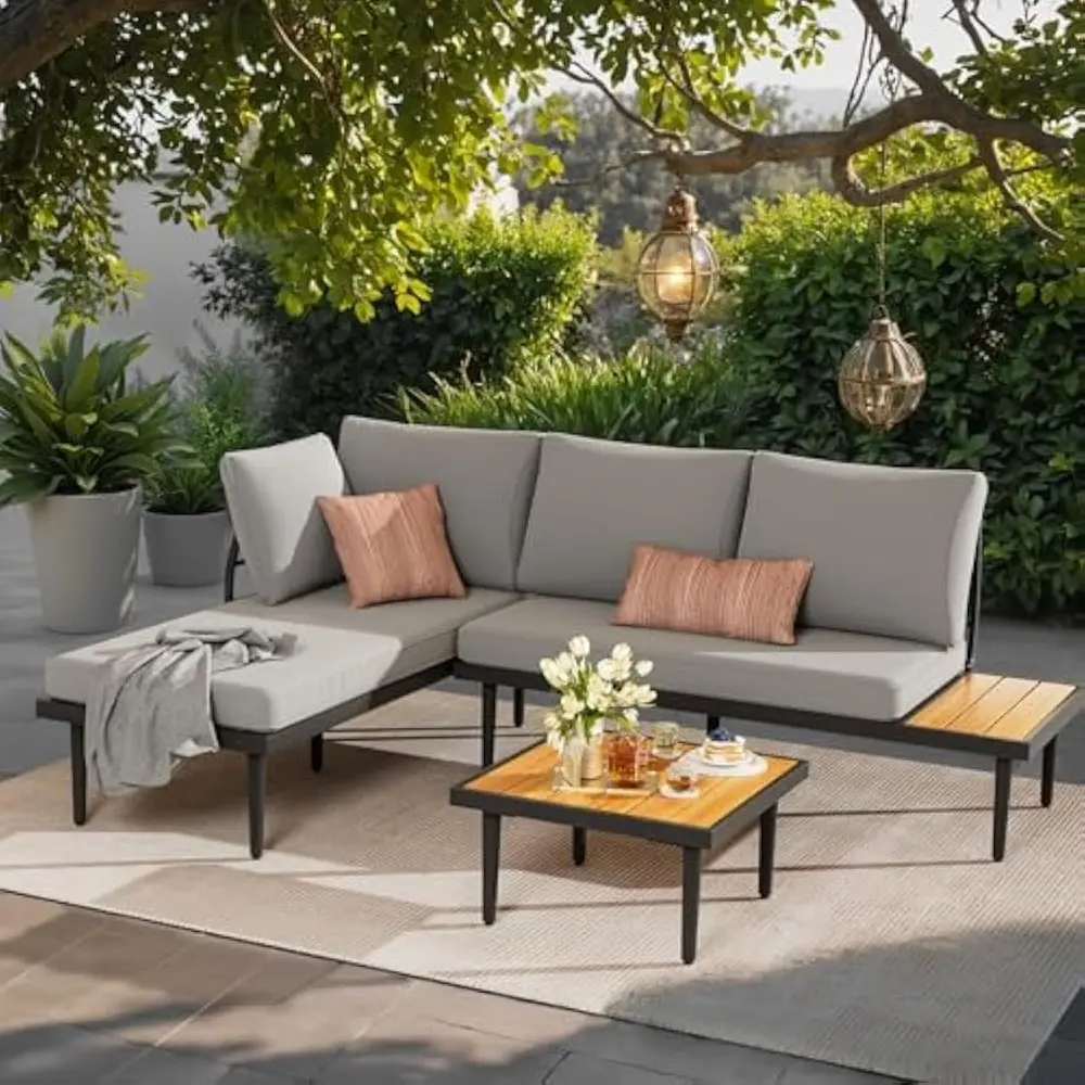 Outdoor Sectional Furniture Patio Sectional Sofa with Acacia Wood Table, Patio L-Shaped Conversation Set with All-Weather Cushi