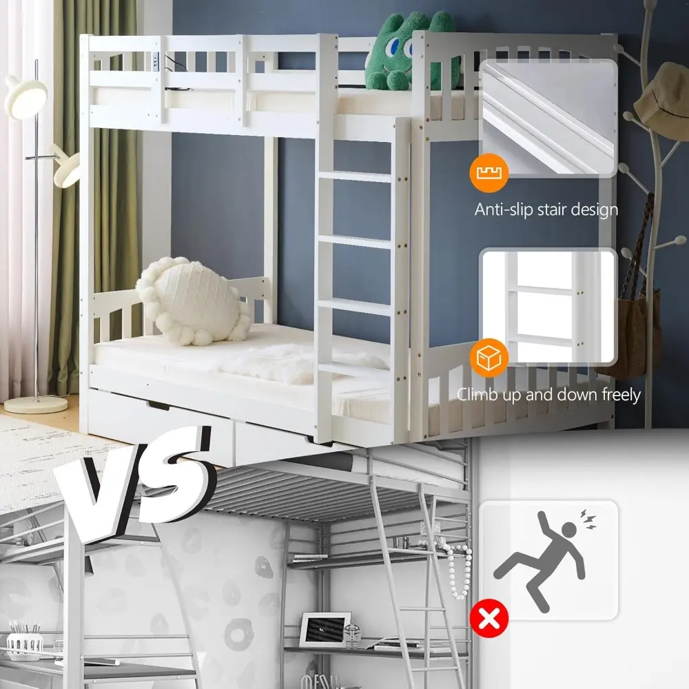 VINGLI Bunk Bed Twin Over Twin with 2 Storage Drawers/RGB LED/Charging Station, Convertible Solid Wood Bunk Bed Frame with Ladde