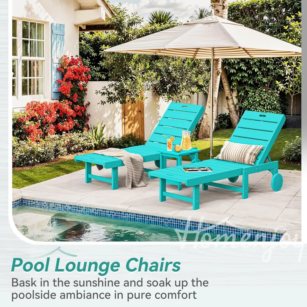 Chaise Lounge Chairs with Table, 3-Piece, 26.8” Super Wide Lounge Chair Outdoor, HDPS Pool Chairs with 5 Positions, Patio Lounge