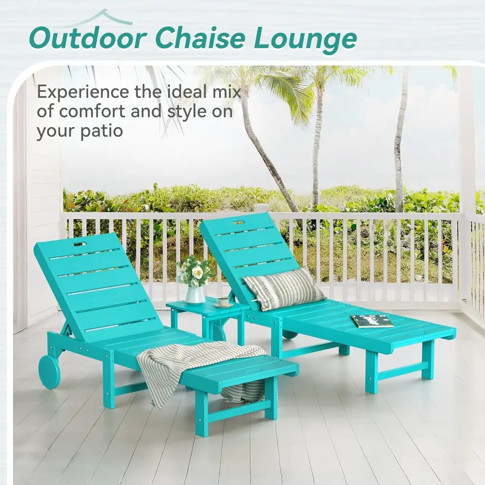 Chaise Lounge Chairs with Table, 3-Piece, 26.8” Super Wide Lounge Chair Outdoor, HDPS Pool Chairs with 5 Positions, Patio Lounge