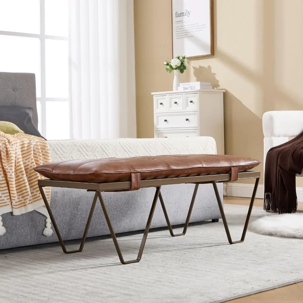 Modern Removable Tufted Upholstered Entryway Bench, 48-Inch Contemporary Indoor Bench with Brass Slatted Metal Frame, Brown Leat