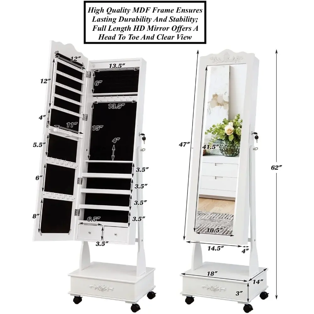 White Rolling Jewelry Cabinet Jewelry Armoire Jewelry Organizer With Full Length Make-Up Mirror 6 LED Lights Large Storage Capac