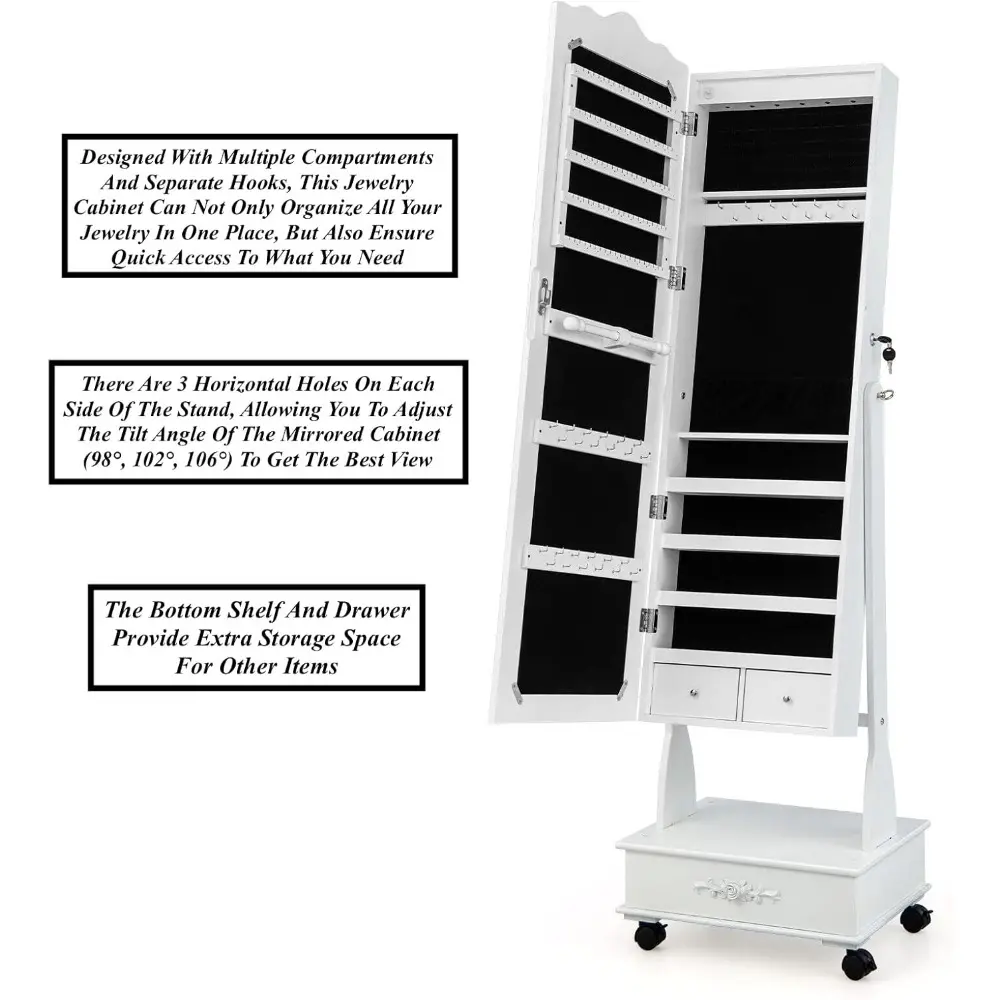 White Rolling Jewelry Cabinet Jewelry Armoire Jewelry Organizer With Full Length Make-Up Mirror 6 LED Lights Large Storage Capac