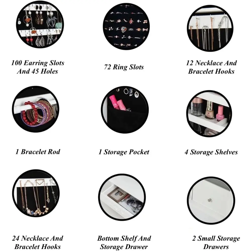 White Rolling Jewelry Cabinet Jewelry Armoire Jewelry Organizer With Full Length Make-Up Mirror 6 LED Lights Large Storage Capac