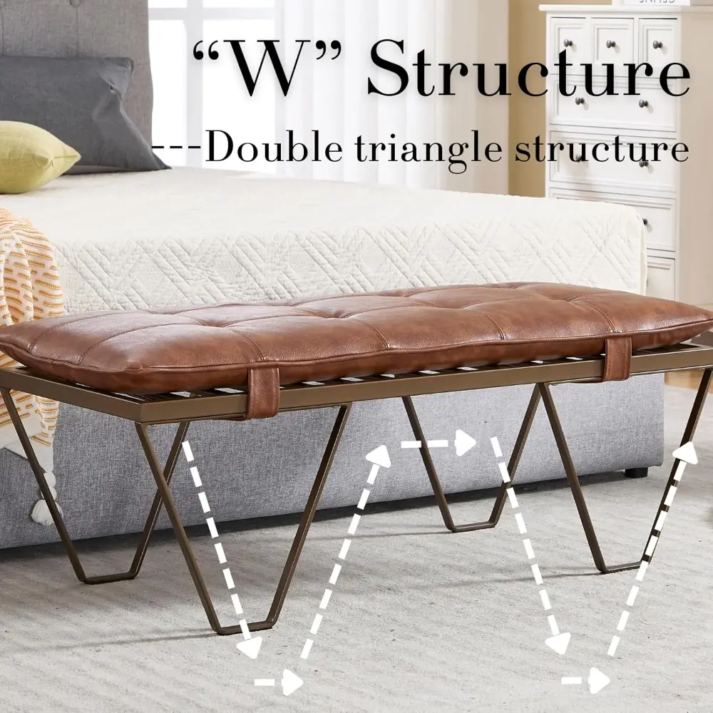 Modern Removable Tufted Upholstered Entryway Bench, 48-Inch Contemporary Indoor Bench with Brass Slatted Metal Frame, Brown Leat