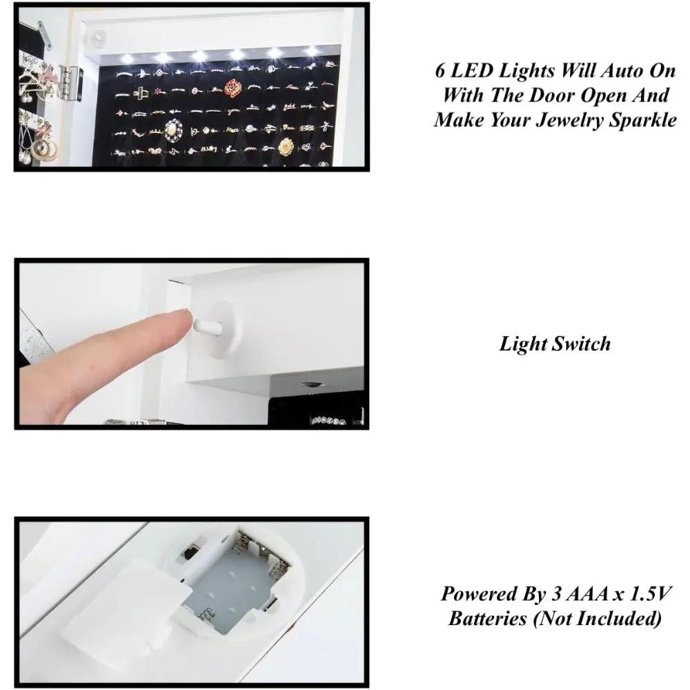 White Rolling Jewelry Cabinet Jewelry Armoire Jewelry Organizer With Full Length Make-Up Mirror 6 LED Lights Large Storage Capac