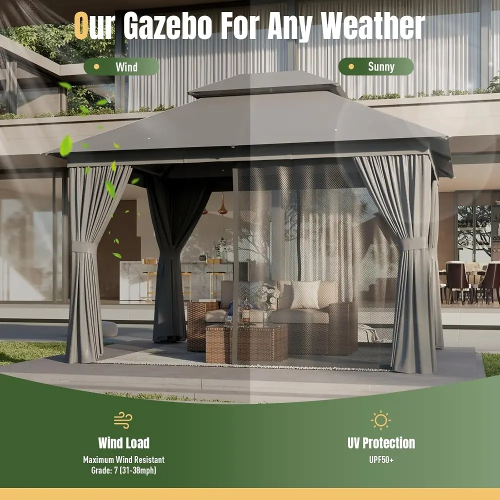 Sturdy 10x12 Outdoor Gazebo with Double Roof and Mosquito Netting for Patio Parties