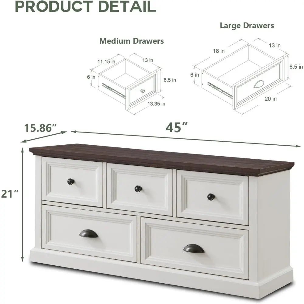 45" Wide Storage Bench, 21" Tall Farmhouse Entryway Bench w/5 Storage Drawers, Rustic Wooden End of Bed Storage Bench, Kids Toy