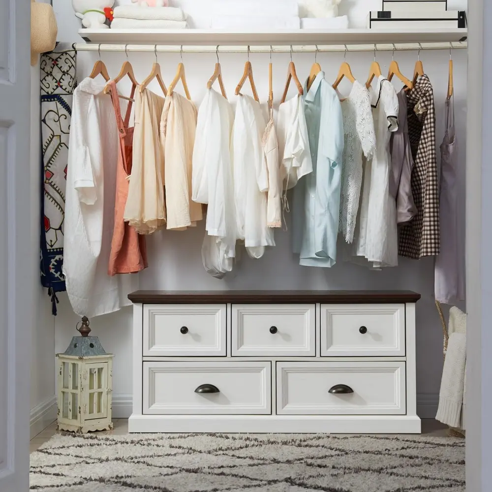 45" Wide Storage Bench, 21" Tall Farmhouse Entryway Bench w/5 Storage Drawers, Rustic Wooden End of Bed Storage Bench, Kids Toy