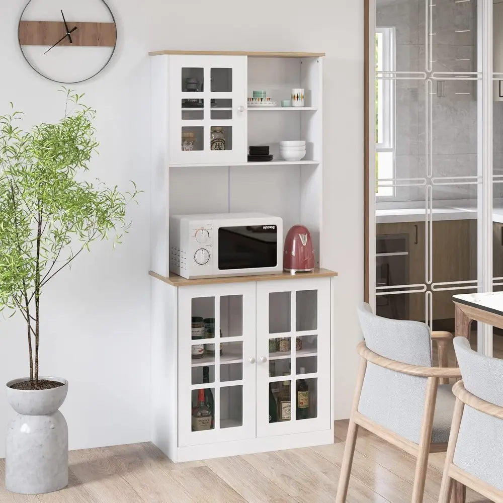 72" Kitchen Hutch Storage Cabinet, Freestanding Pantry Buffet Cabinet with Glass Doors, Open & Closed Storage, 3-Position Adjus