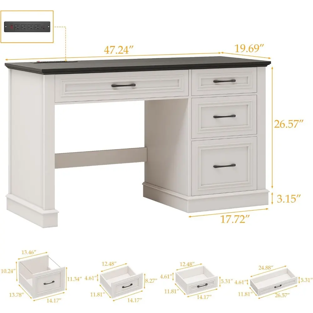 Farmhouse 47" Executive Desk, Computer Desk with Drawers and File Drawer, Workstation Computer Desk with Charging Station for Ho