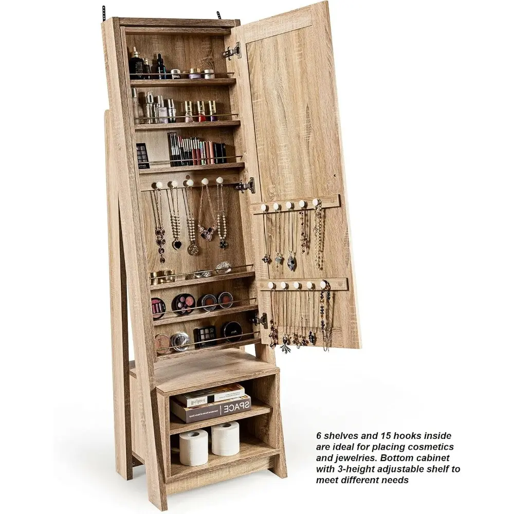 2-in-1 Jewelry Cabinet Jewelry Armoire With Full Length Make-Up Mirror Ample Storage Space With Necklace Hooks Cosmetic Shelves