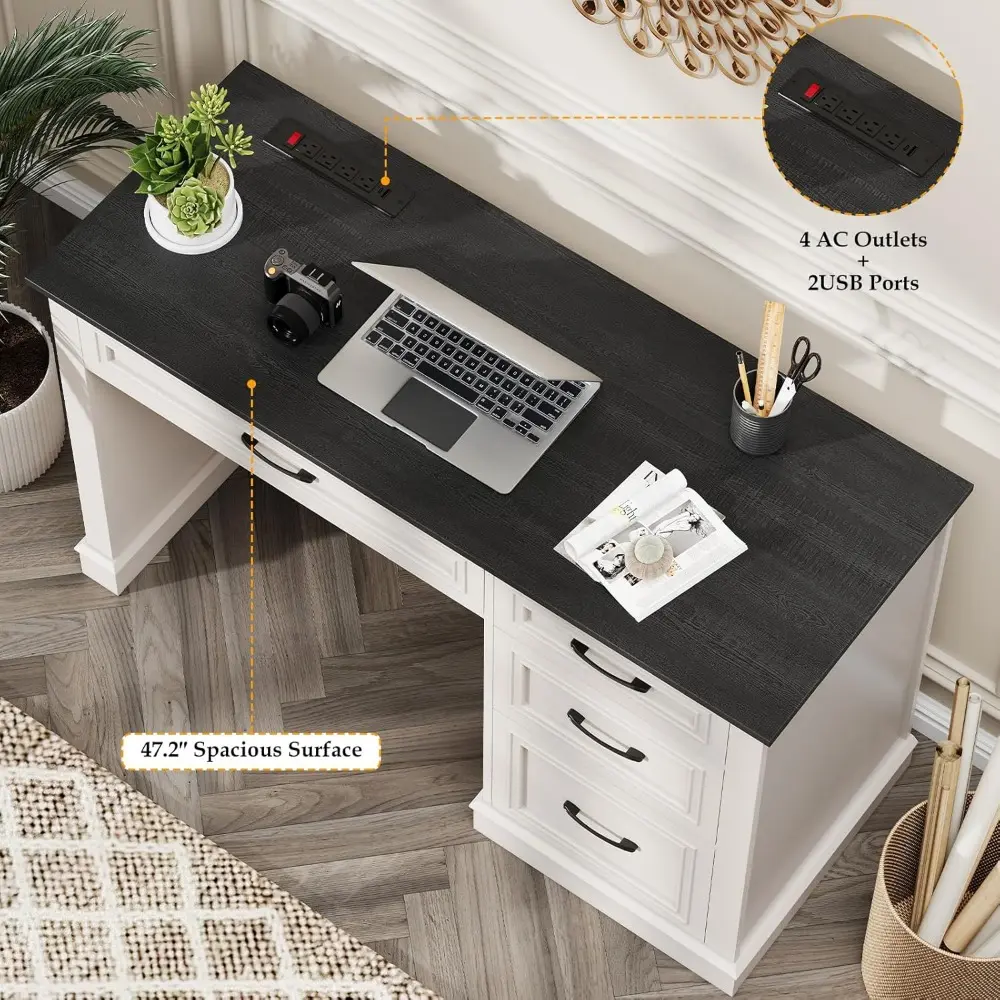 Farmhouse 47" Executive Desk, Computer Desk with Drawers and File Drawer, Workstation Computer Desk with Charging Station for Ho
