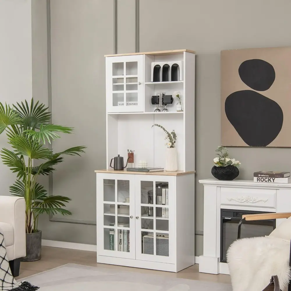 72" Kitchen Hutch Storage Cabinet, Freestanding Pantry Buffet Cabinet with Glass Doors, Open & Closed Storage, 3-Position Adjus