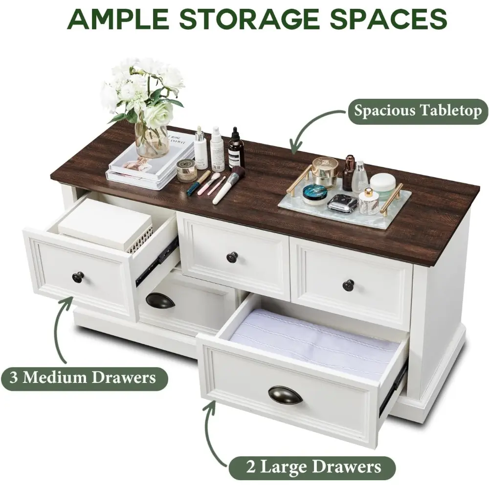 45" Wide Storage Bench, 21" Tall Farmhouse Entryway Bench w/5 Storage Drawers, Rustic Wooden End of Bed Storage Bench, Kids Toy