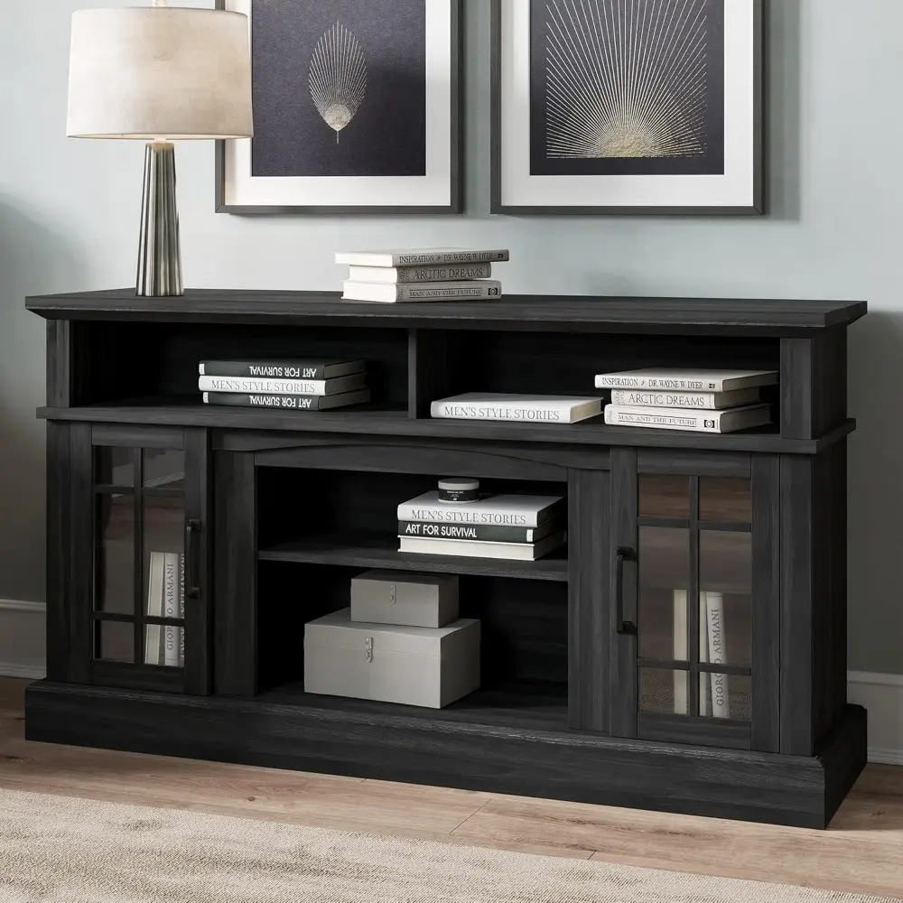 58 Inch TV Stand, Rustic Wood Entertainment Center for TVs up to 65", Contemporary Media Console Table with Two Open Shelves an
