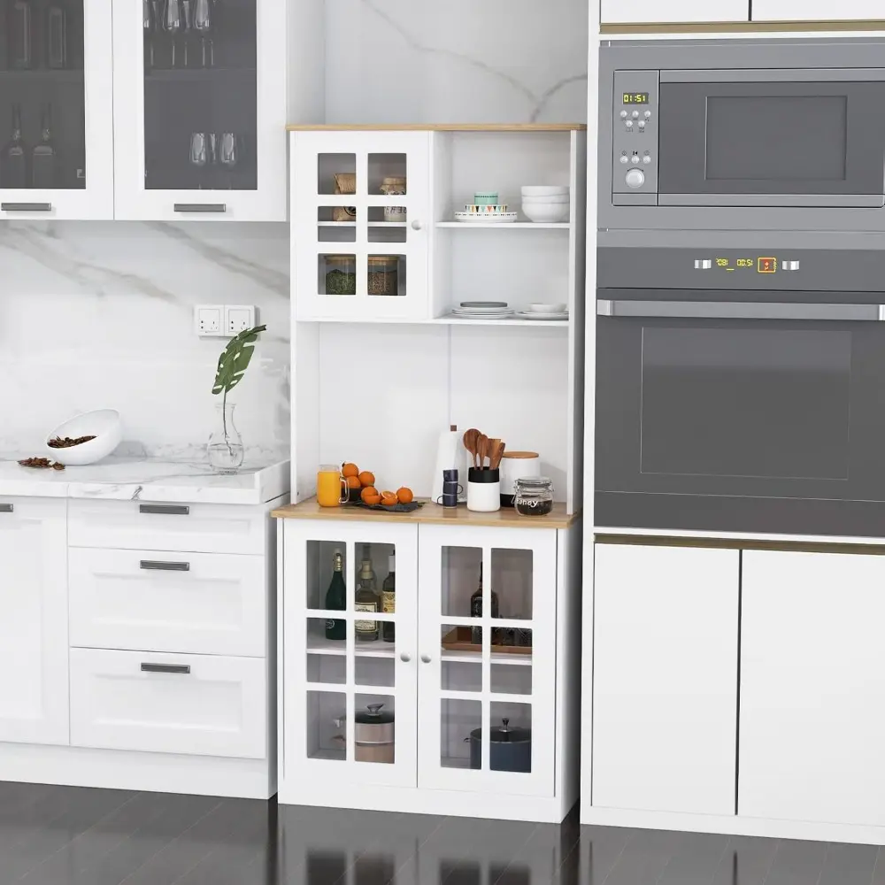 72" Kitchen Hutch Storage Cabinet, Freestanding Pantry Buffet Cabinet with Glass Doors, Open & Closed Storage, 3-Position Adjus