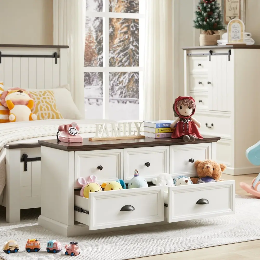 45" Wide Storage Bench, 21" Tall Farmhouse Entryway Bench w/5 Storage Drawers, Rustic Wooden End of Bed Storage Bench, Kids Toy