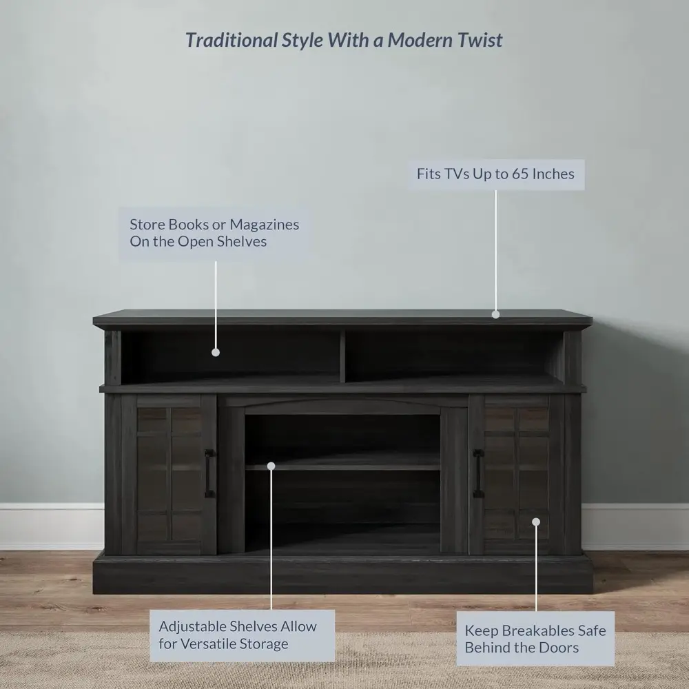 58 Inch TV Stand, Rustic Wood Entertainment Center for TVs up to 65", Contemporary Media Console Table with Two Open Shelves an